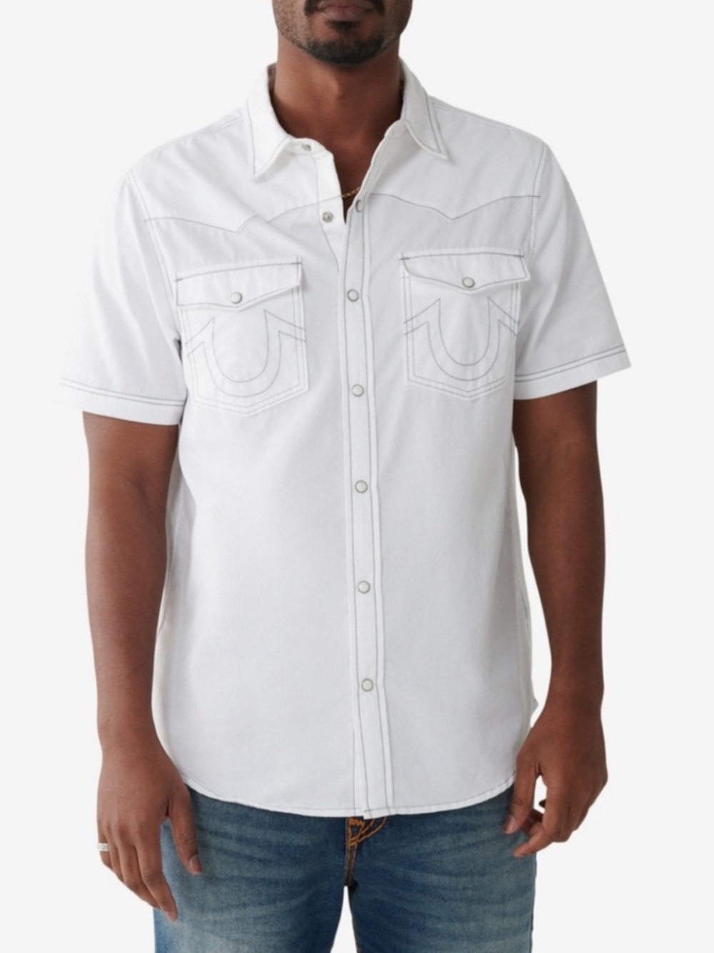 TRUE RELIGION Men's Short Sleeve Big T Western Shirt Optic White Button Up SZ XL